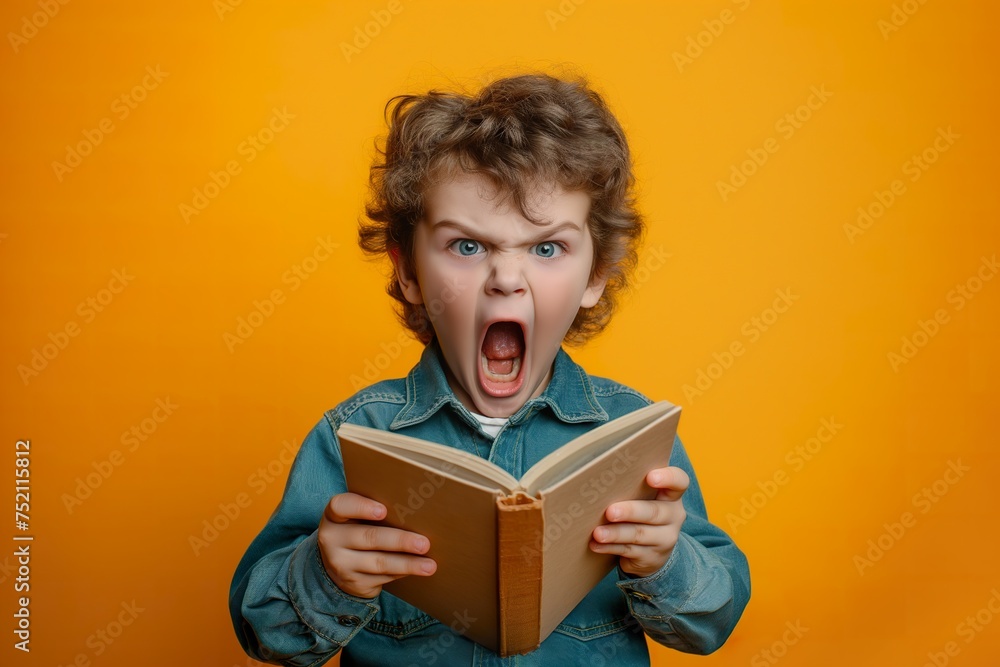 A young boy sits reading a book, suddenly letting out a scream in surprise or fear on a yellow background. A young boy sits reading a book, suddenly letting out a scream in surprise or fear on a yellow background.