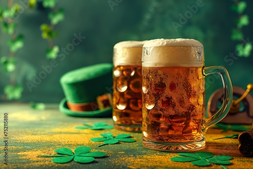 Two mugs of beer, one adorned with paper clovers and a leprechaun hat, sitting on a table ready to be enjoyed.