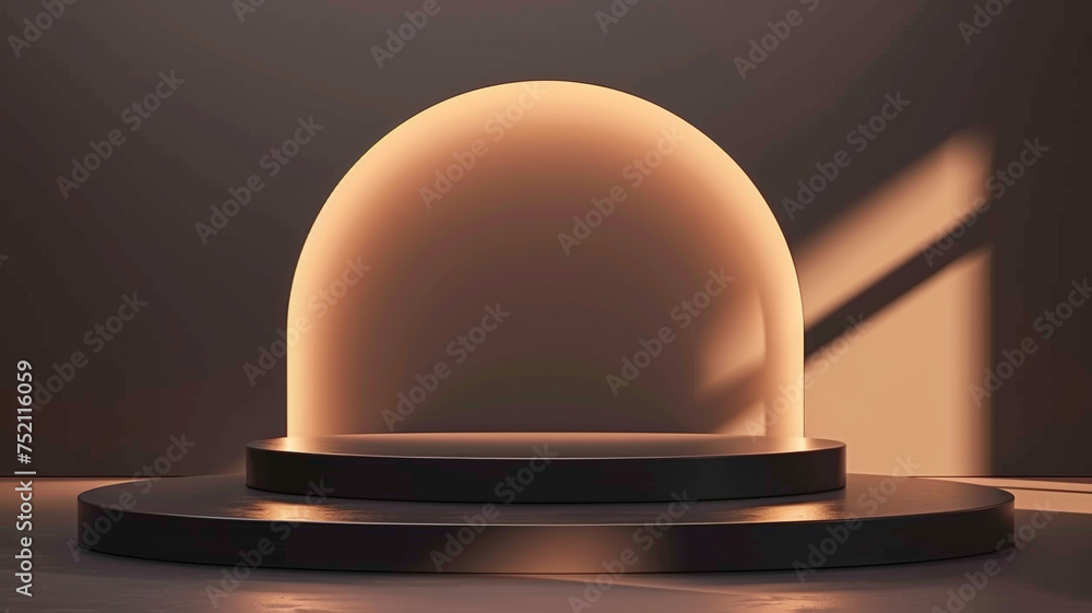 Fototapeta premium Empty black product podium display background with a minimal pedestal show stand, modern platform, abstract light shadow showroom presentation backdrop. Cosmetic template with geometric summer shelf.