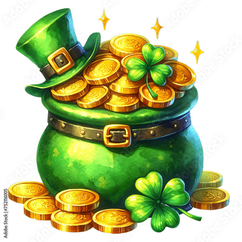 Big Leprechaun's cauldron with golden coins surrounded with shamrock leaves. Illustration in watercolor style isolated on transparent background. St. Patrick's Day pot of Leprechaun's treasure