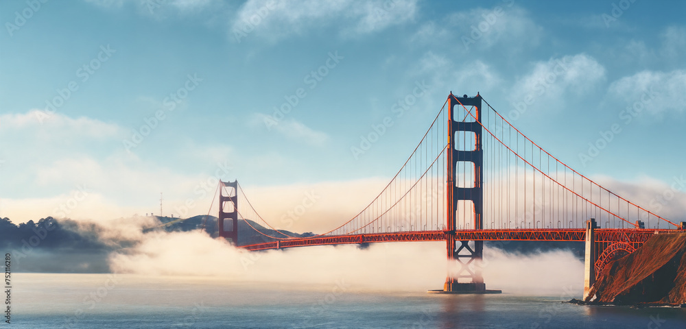 Obraz premium a bridge with fog rising from the water and fog rolling in the air behind it and a mountain in the distance, generative ai
