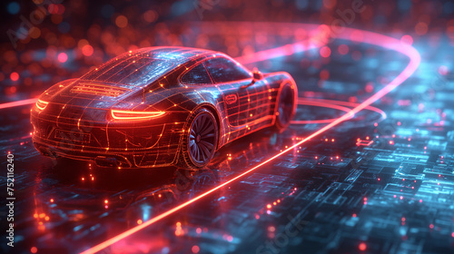 The neon line car in a digital background. digital car concept. future technology growing concepts.