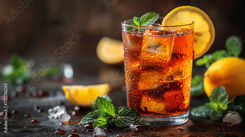 Glass of traditional iced tea garnished with lemon and mint on dark background