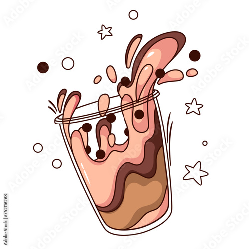 Groovy cartoon chocolate bubble tea cup. Funny choco, coffee or cocoa layers pouring into glass with sprinkles, cartoon retro sticker of Asian tea with pearls in 70s 80s style vector illustration