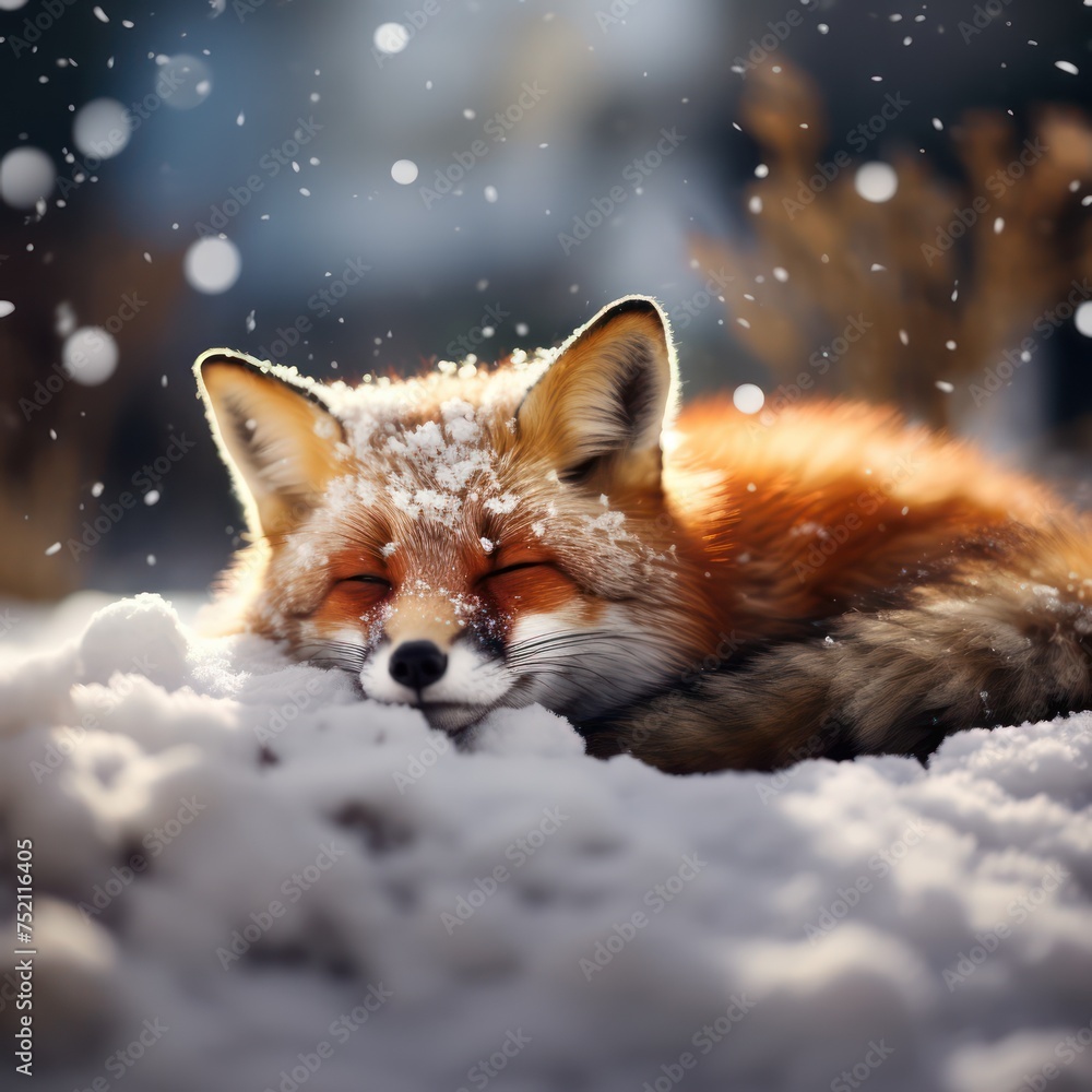 Obraz premium A Brown Fox is sleeping on the snow. Fox family with overly hungry faces in fox village, abstract background. beautiful scenery, perfection.