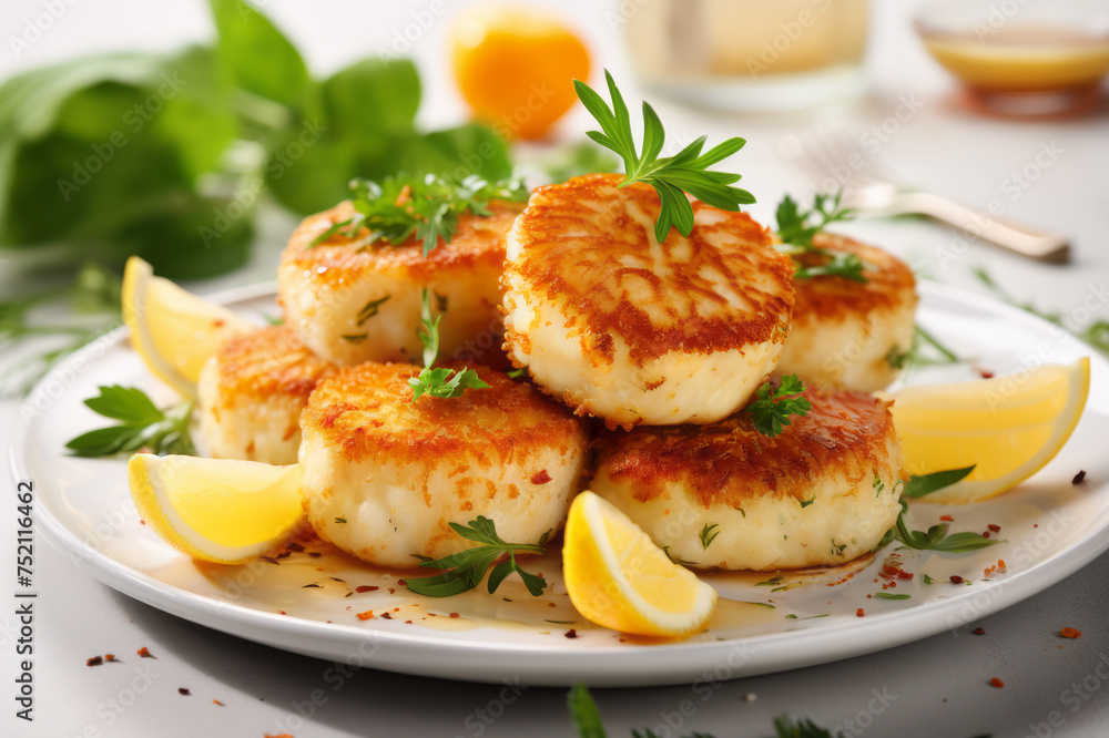 Mini crispy potato fish cakes on a white plate with fresh herbs, lemon wedges and sauce bowl in the background. Horizontal, close-up, side view Mini crispy potato fish cakes on a white plate with fresh herbs, lemon wedges and sauce bowl in the background. Horizontal, close-up, side view