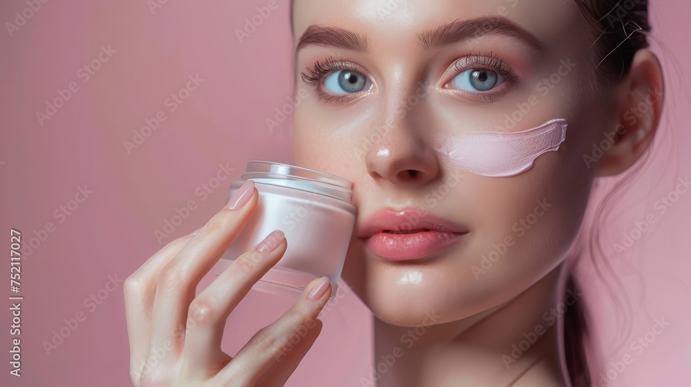 A photograph featuring a female model holding the moisturizing cream product. A photograph featuring a female model holding the moisturizing cream product.