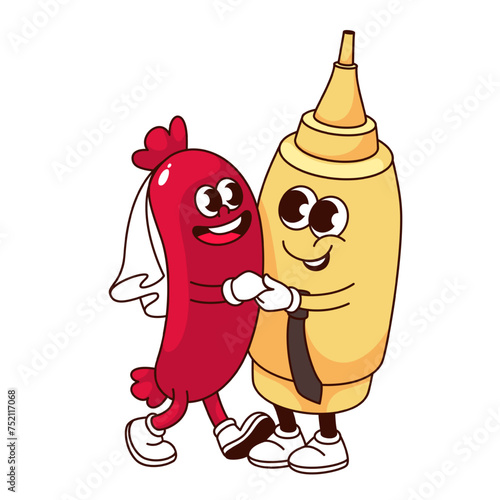 Groovy sausage and bottle of mustard cartoon characters dance. Funny retro fast food couple dancing, bride and groom, wedding mascot. Cartoon love dance sticker of 70s 80s style vector illustration