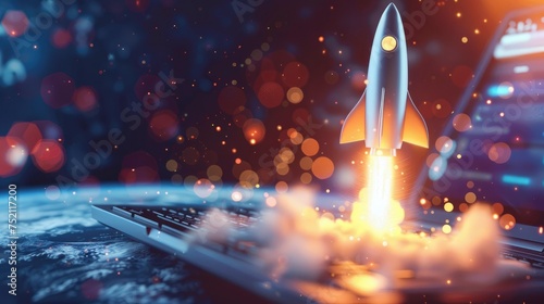 Digital Launch, Rocket Emerging from Laptop Screen