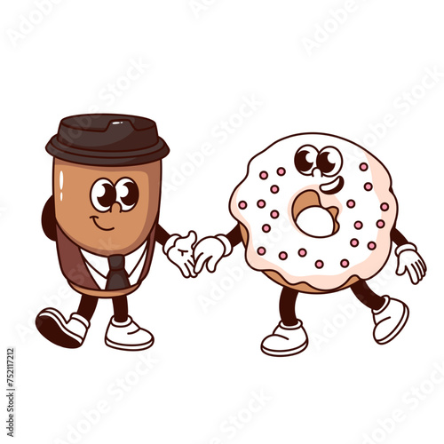 Groovy donut and cup of coffee cartoon characters dance. Funny retro hot morning drink and dessert dancing, dating couple mascot, cartoon love dance sticker of 70s 80s style vector illustration