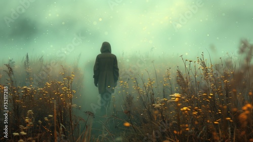 Person wanders through foggy grassland, surrounded by tall grass in misty haze