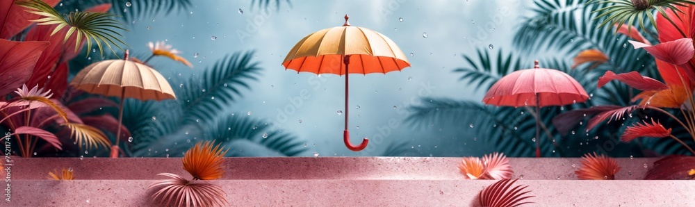 three colorful umbrellas on colorful backgrounds with palm leaves, in the style of photo-realistic landscapes, dark pink and white, poolcore, vibrant stage backdrops, studyplace, simple, lightbox
