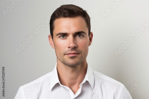 Portrait of a handsome young man in white shirt on grey background © Iigo