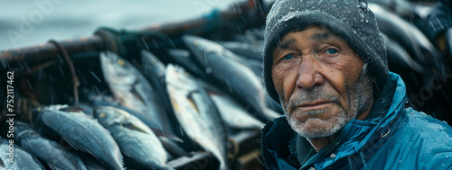Wallpaper Mural fishermen in blue jacket are holding fish in front of the sea Torontodigital.ca