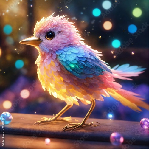 a cute fantasy bird that conveys its innocence and playfulness, photo-realistic, volumetric rays of light, sparkles, HDR, close-up, 8K, accurate anatomy, hyper detailed, hyper quality, fairy lighting, © sharazkhan