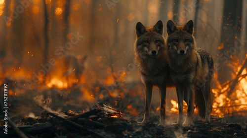Two wolves, carnivorous terrestrial animals, stand before a blazing forest fire