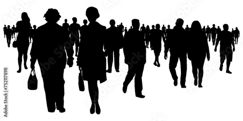 Society, silhouette of group of moving people at the street. Vector illustration