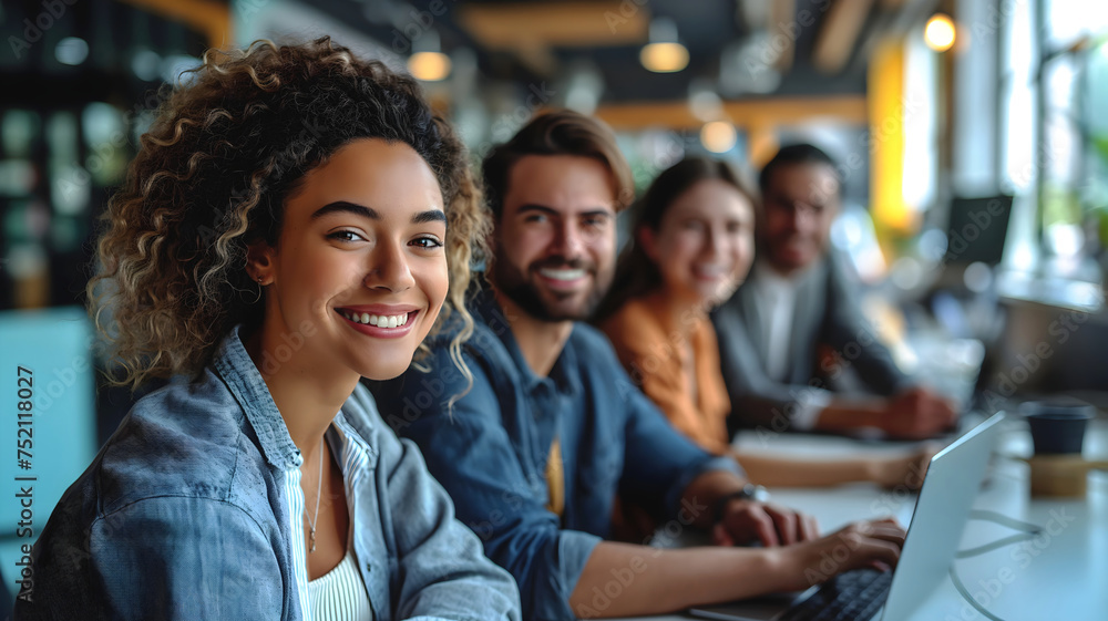 Group of diverse young business people sitting at office desk, smiling, using laptops, young confident professionals