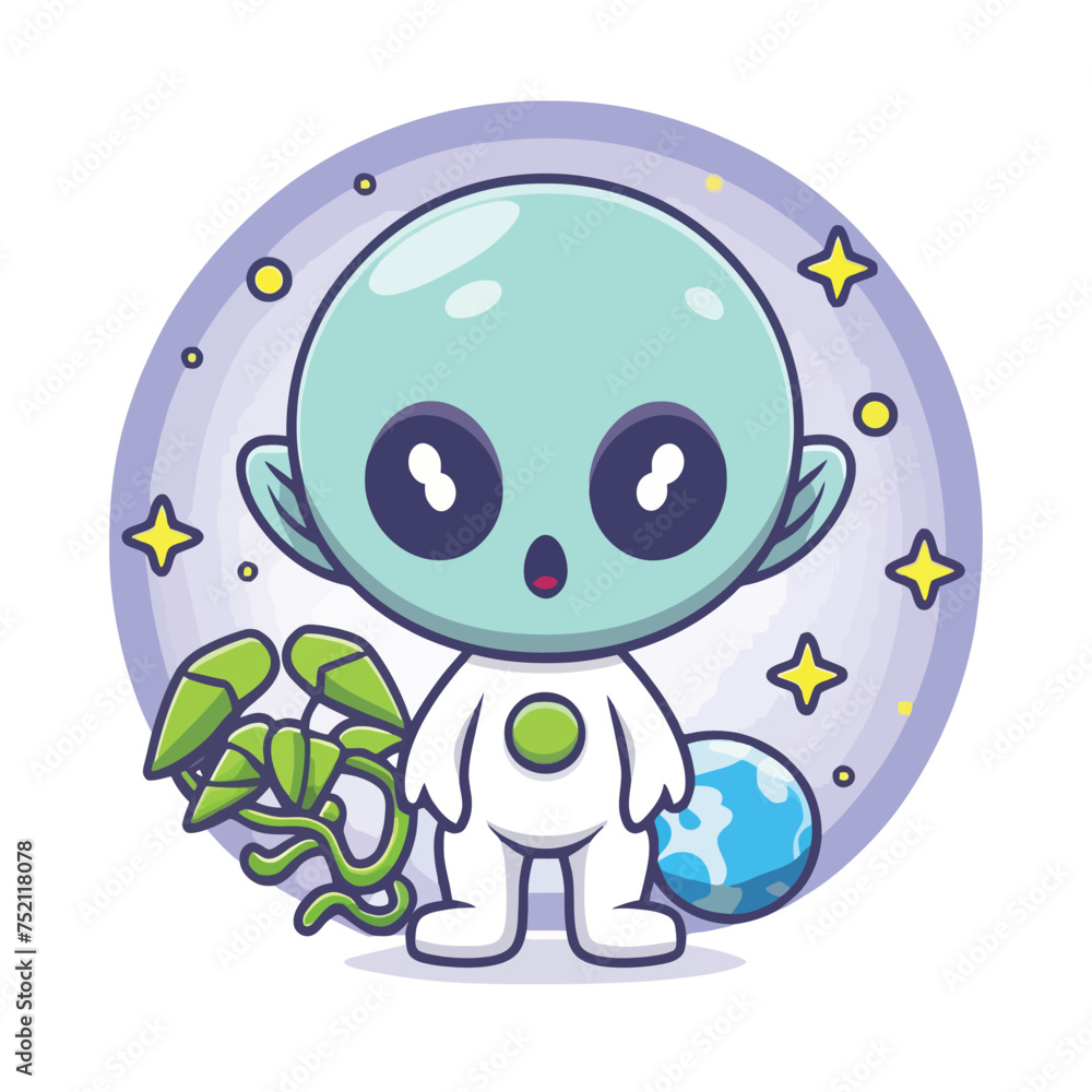 Fototapeta premium 2d vector illustration chibi cute alien, holding sphere earth plant , full body , clean shape and line, white background, random moon background 