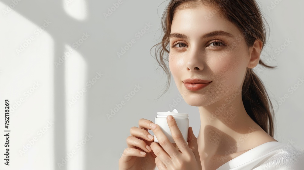 A photograph featuring a female model holding the moisturizing cream product. A photograph featuring a female model holding the moisturizing cream product.
