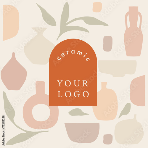 Illuatration of trendy vases with plants. There is space for logo and your text. Minimalist antique ceramic pottery for interior. Pattern for cover design, package, gift paper, background. 