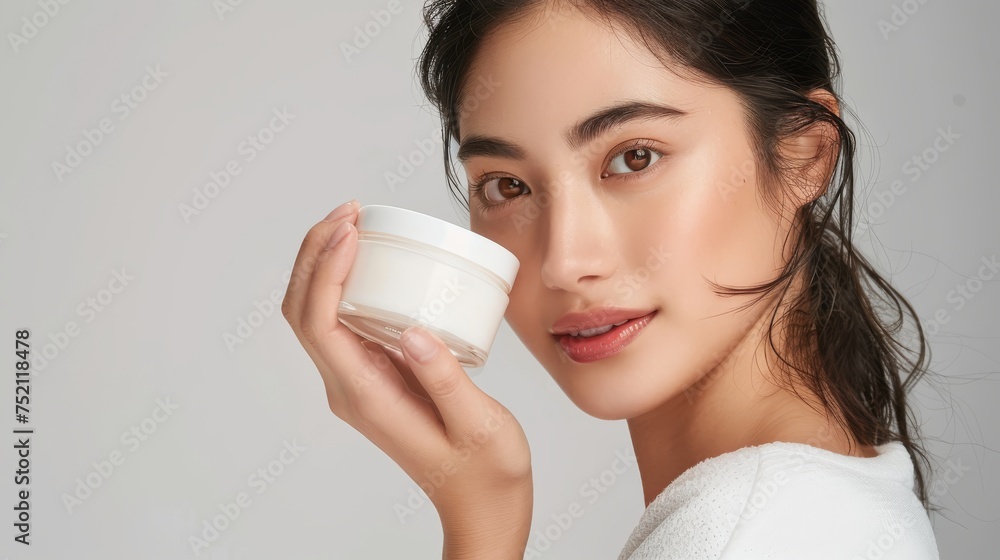 A photograph featuring a female model holding the moisturizing cream product. A photograph featuring a female model holding the moisturizing cream product.