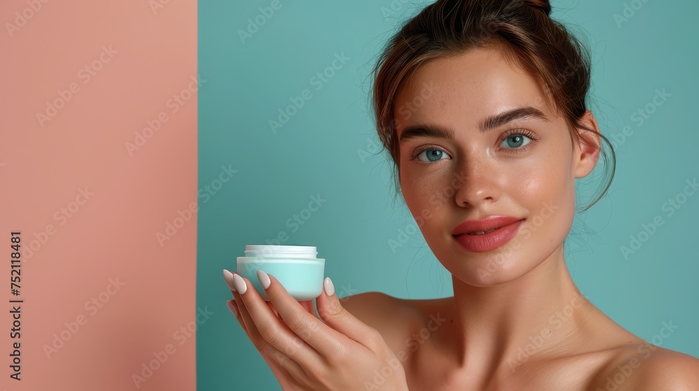 A photograph featuring a female model holding the moisturizing cream product. A photograph featuring a female model holding the moisturizing cream product.