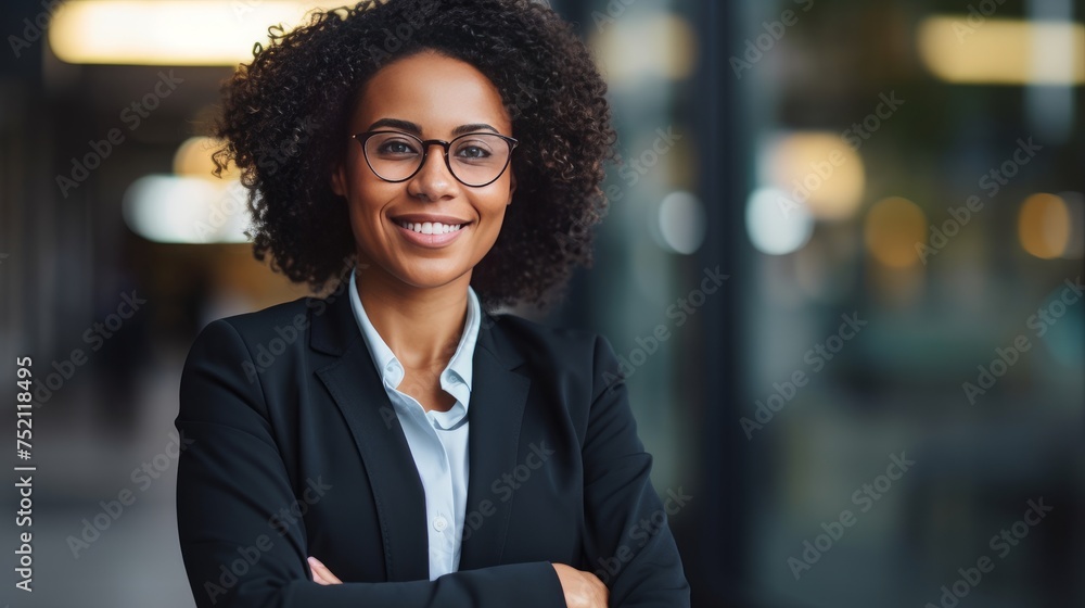portrait of black businesswoman with arms crossed in office - obrazy, fototapety, plakaty 