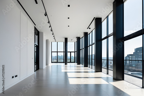 Interior of long empty passage with bright windows and black column with stairway in modern penthouse