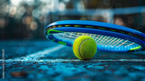 Tennis racket and ball on the tennis court. photo