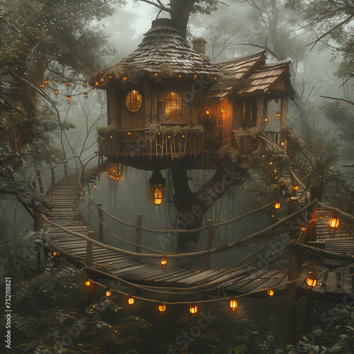 Wooden Treehouse with Lanterns and Rope Bridge in Misty Forest