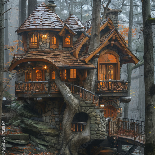 Whimsical Wooden Treehouse with Lanterns in Misty Forest