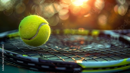 Tennis racket and ball on the tennis court.