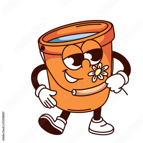 Groovy bucket of water cartoon character holding flower. Funny retro orange container with chamomile and funky smile, garden pail mascot, cartoon bucket sticker of 70s 80s style vector illustration