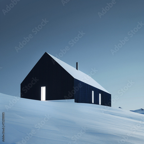 Black Cabin in Snowy Winter Landscape with Minimalist Design