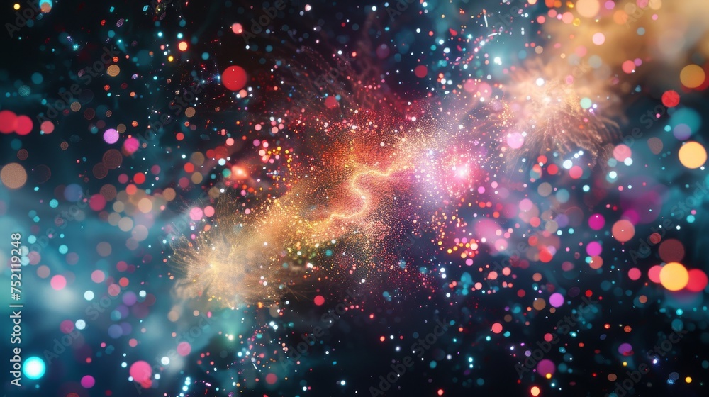 Vibrant cosmic explosion captured in photograph with colorful sparkles. Celestial celebration with a burst of colors and bokeh lights. Stellar explosion depiction with glittering sparkles - obrazy, fototapety, plakaty 