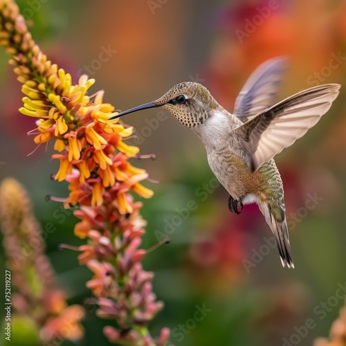 Hummingbird in flight approaching yellow blossoms. Nature's delicate balance captured in a photograph. Bird's grace while pollinating garden flowers. © Irina.Pl