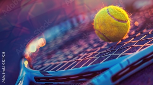 Tennis racket and ball on the tennis court.