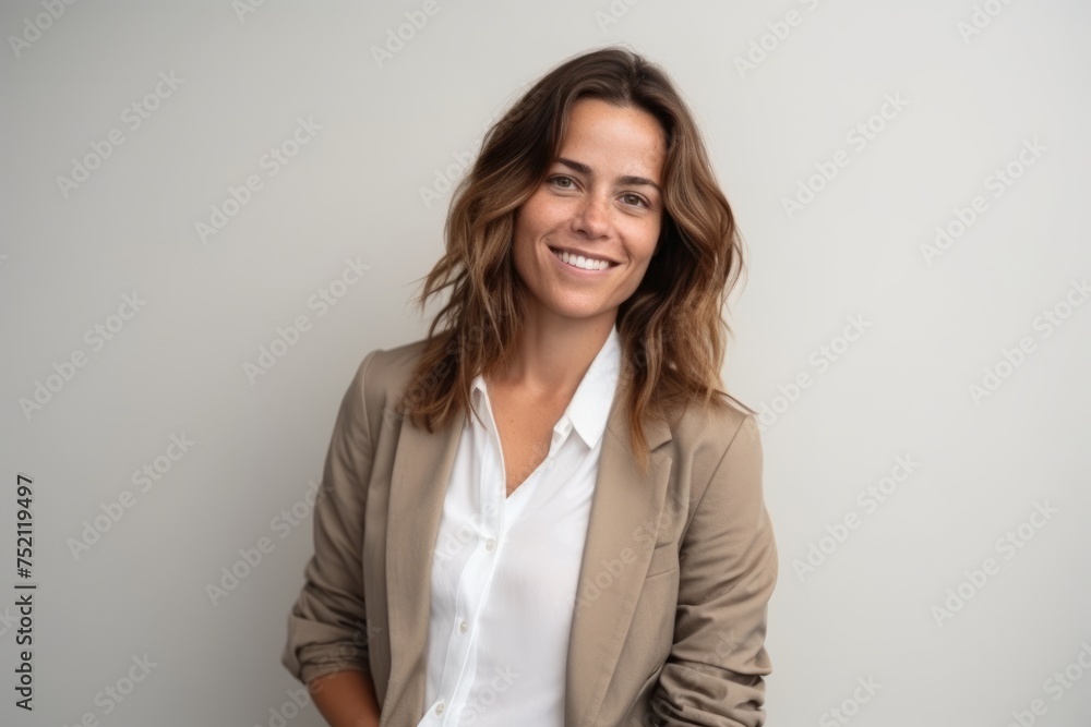Portrait of a smiling businesswoman looking at camera on grey background Portrait of a smiling businesswoman looking at camera on grey background
