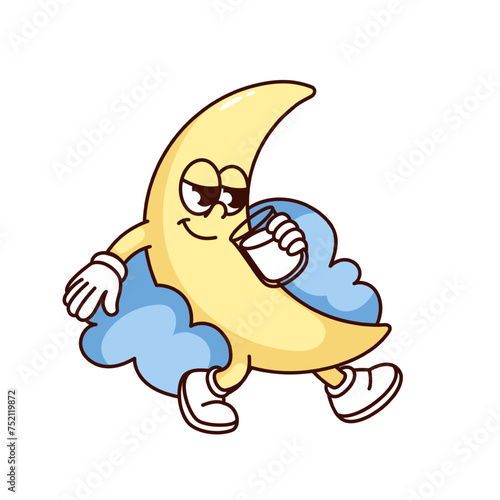 Groovy crescent moon cartoon character with glass of milk. Funny retro yellow moon lying on blue cloud, good night and sweet dreams mascot, cartoon sticker of 70s 80s style vector illustration