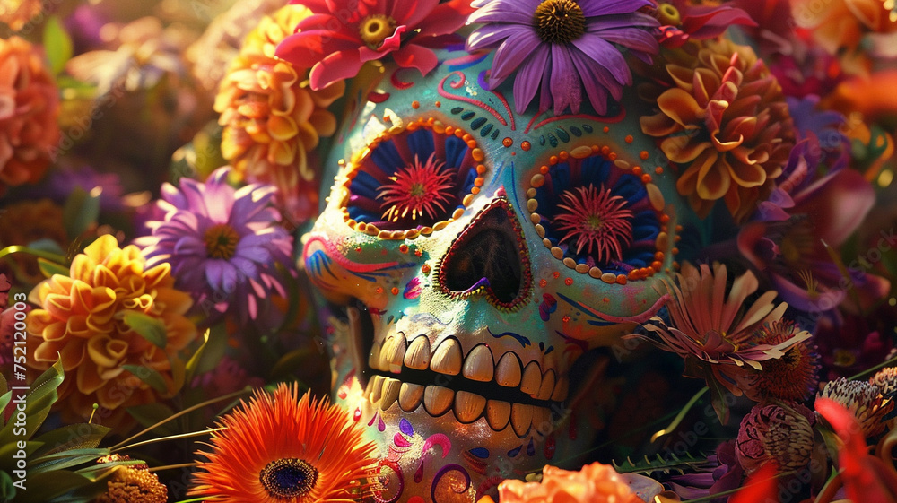 Calavera Sugar Skull decorated with flowers The day of the dead