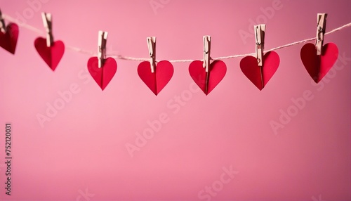 A row of red paper hearts hang on twine against pink, symbolizing festive homemade Valentine's Day decor.