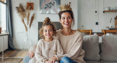 une maman porte une couronne sur la tête, c'est la reine de la journée pour la fête des mères photo