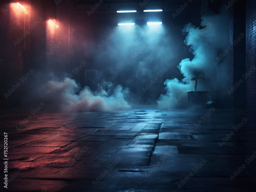 A dark empty street, dark blue background, an empty dark scene, neon light, spotlights The asphalt floor and studio room with smoke. Night view. Generated by AI