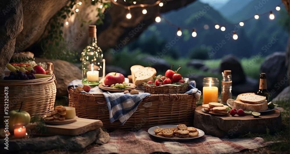 Create a close-up photograph of a picnic spread on a cave floor, showcasing ultra-realistic details of the food, beverages, and decorative elements. Pay attention to the textures -Ai Generative