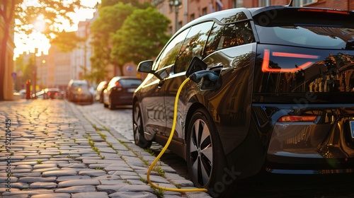 Electric Car Charging on a Cobblestone Street at Sunset