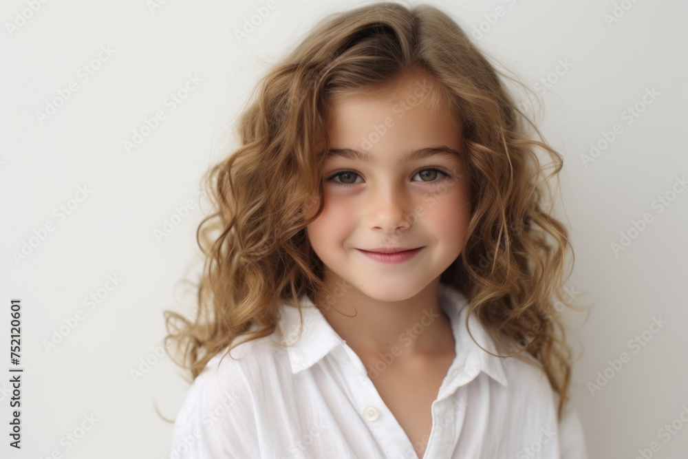 Portrait of a little girl with long curly hair in a white shirt Portrait of a little girl with long curly hair in a white shirt