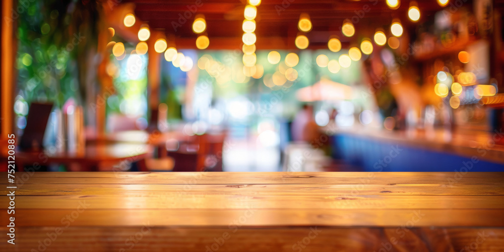 empty wooden table on bokeh lights with restaurant background , Empty wood table top with blurred bokeh light christmas background,  - obrazy, fototapety, plakaty 