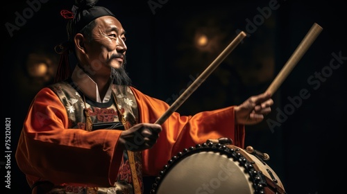 Ancient Chinese men wear Chinese national costumes, raise their hands high, hold sticks and play large Chinese drums. Strong drummer, big drum and drumsticks photo