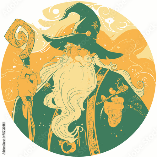 Old Man Wizard with Staff Rounded Illustration